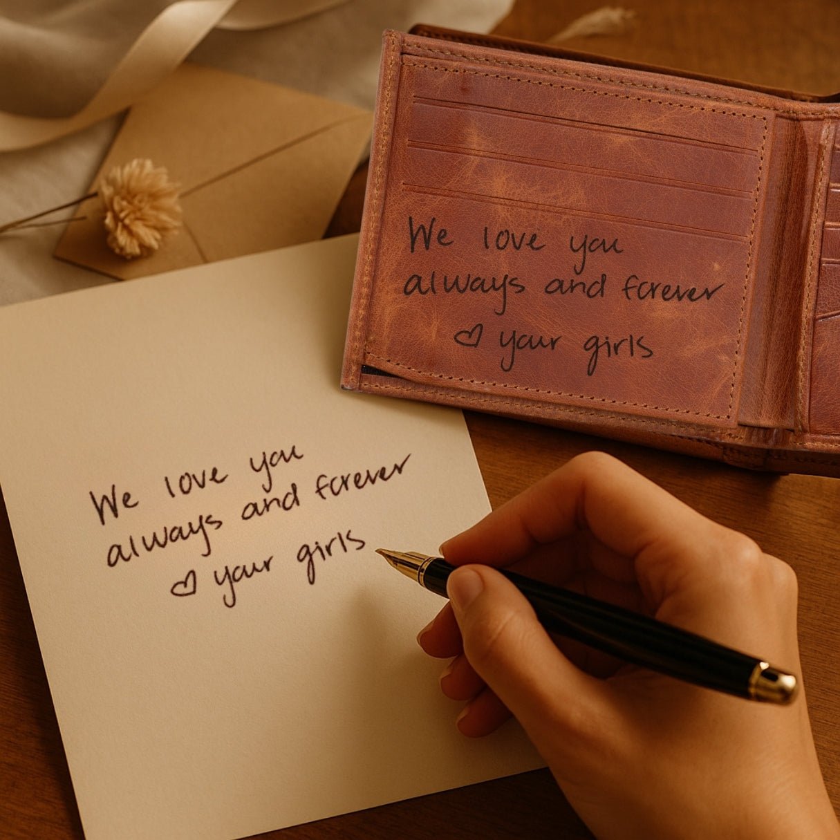 Handwritten note on paper with a leather wallet and pen, conveying love and affection.