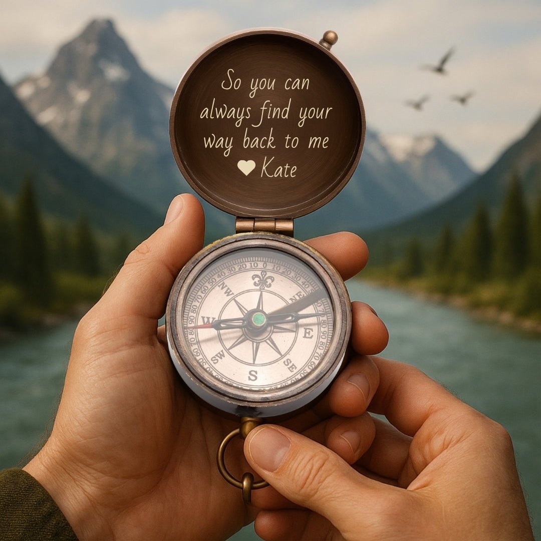 personalized working brass compass gift for men engraved with message, name, photo