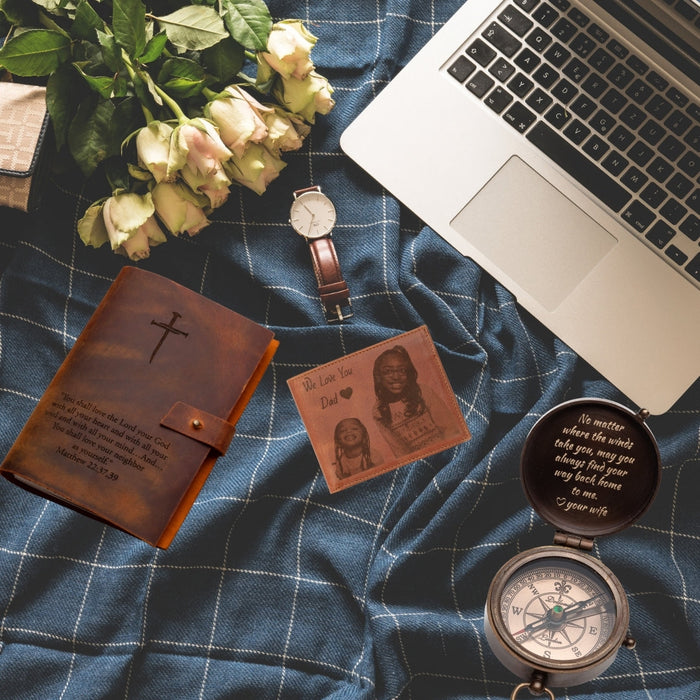 Personalized wallet, compass, and leather journal displayed together as heartfelt custom gifts – SFdizayn