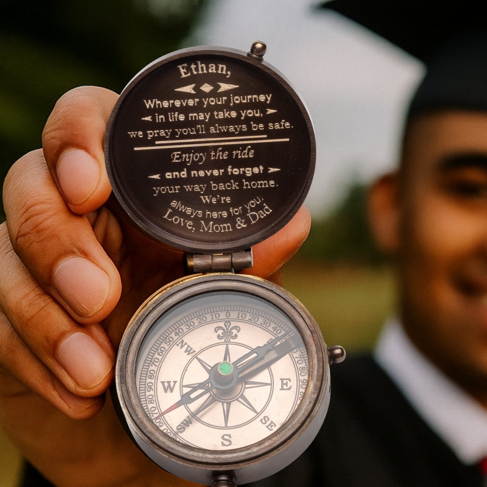 Engraved compass for college graduation symbolic travel gift