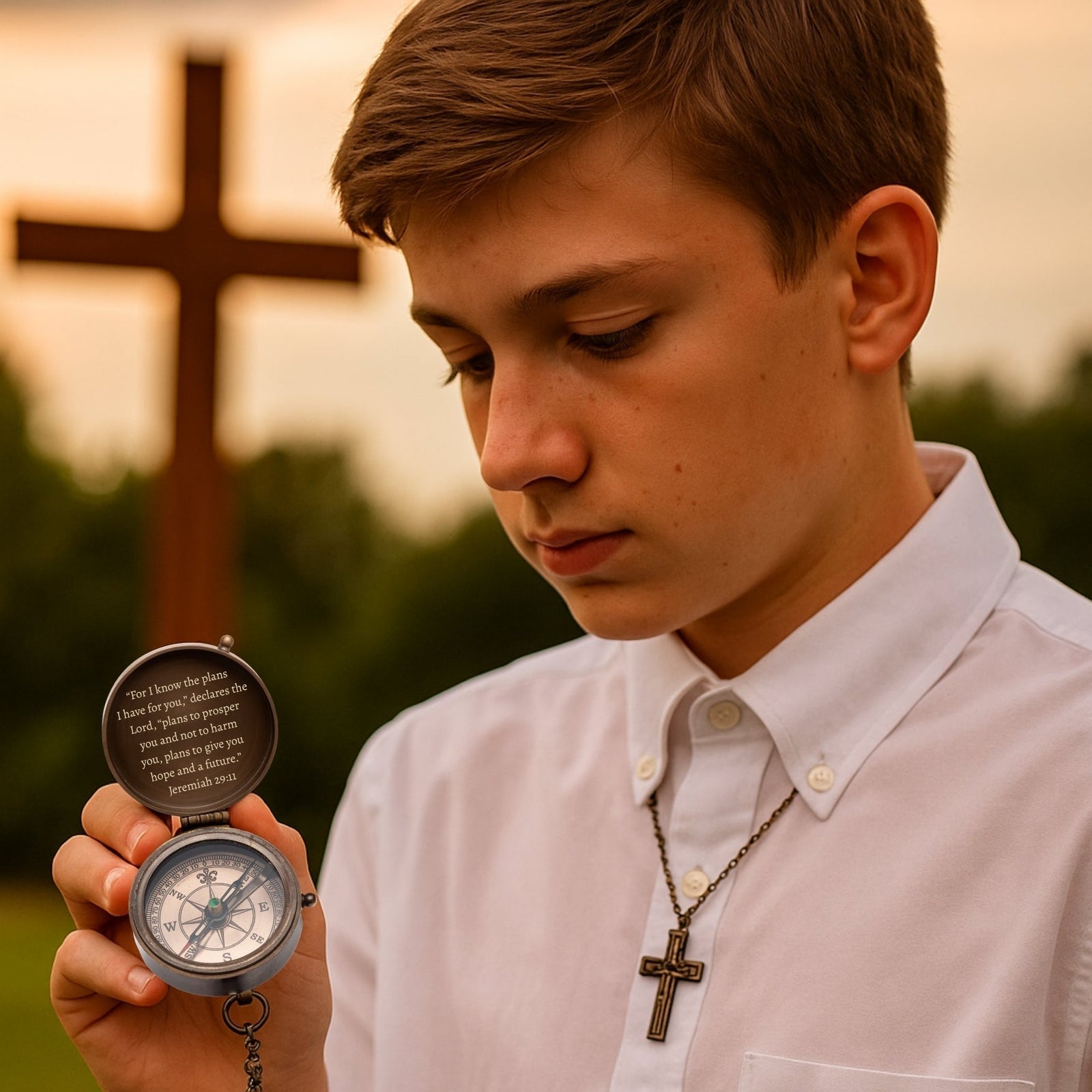 Personalized baptism compass engraved with Christian message