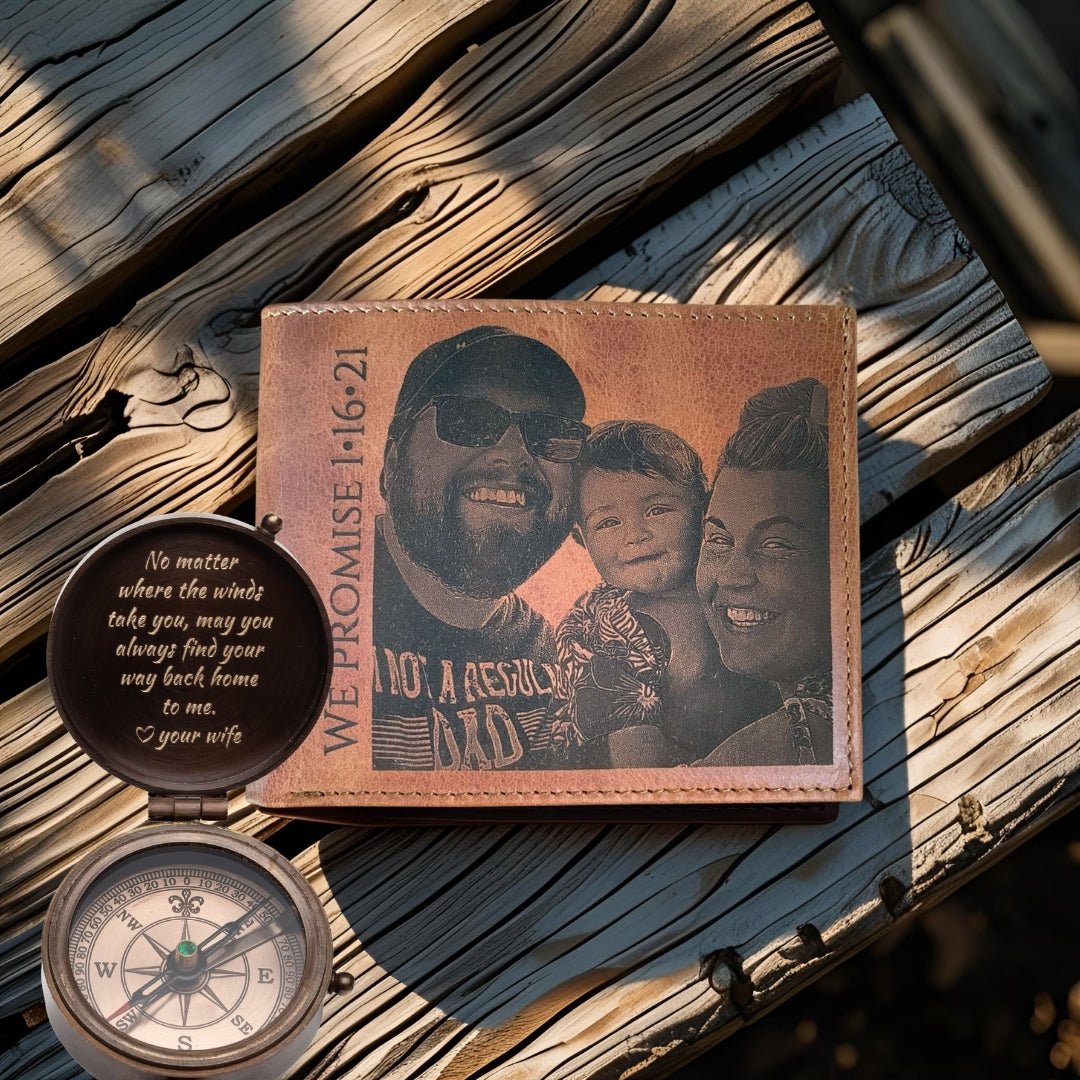 Personalized Brass Compass and Custom Wallet Gift with Custom Engraving for Him
