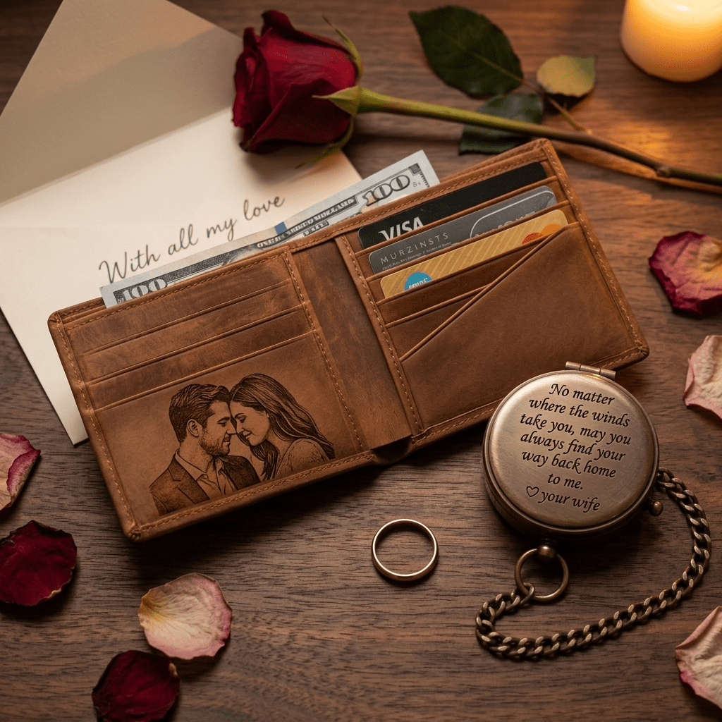 anniversary gifts for him personalized engraved leather wallet with couple portrait and brass compass