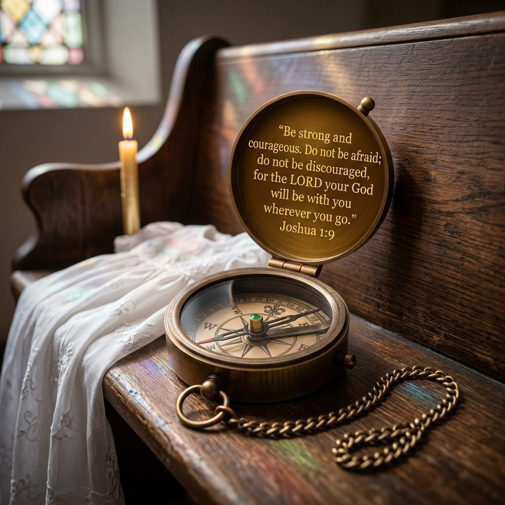 Engraved brass compass with Bible verse beside a baptismal candle and christening gown