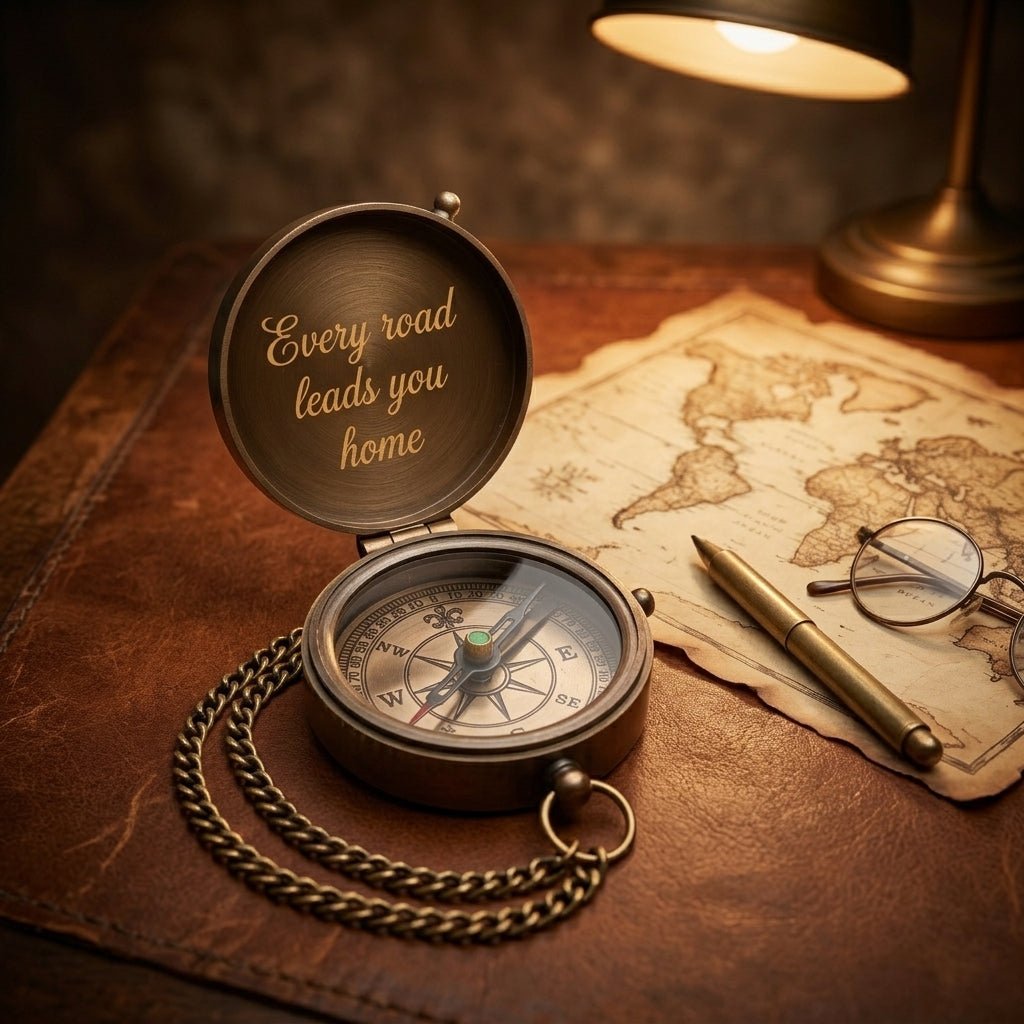 Engraved vintage brass pocket compass with quote on a leather desk beside an old map