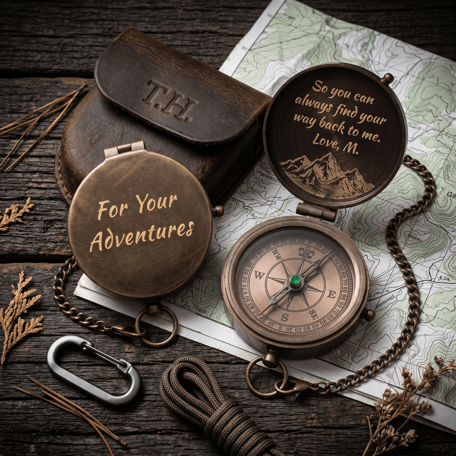 brass pocket compass engraved vintage solid brass with mountain design and personalized message
