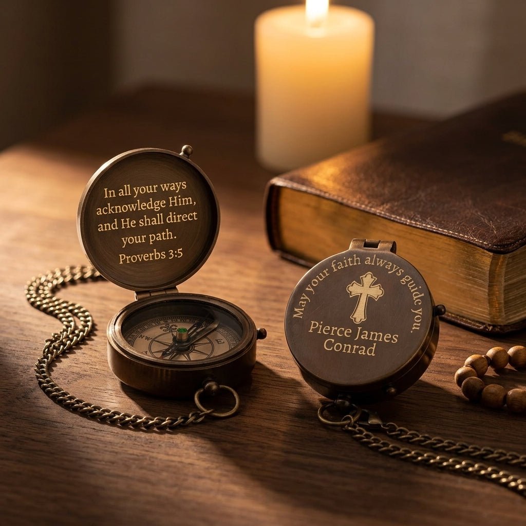catholic gifts for men engraved brass compass with cross bible verse and rosary faith
