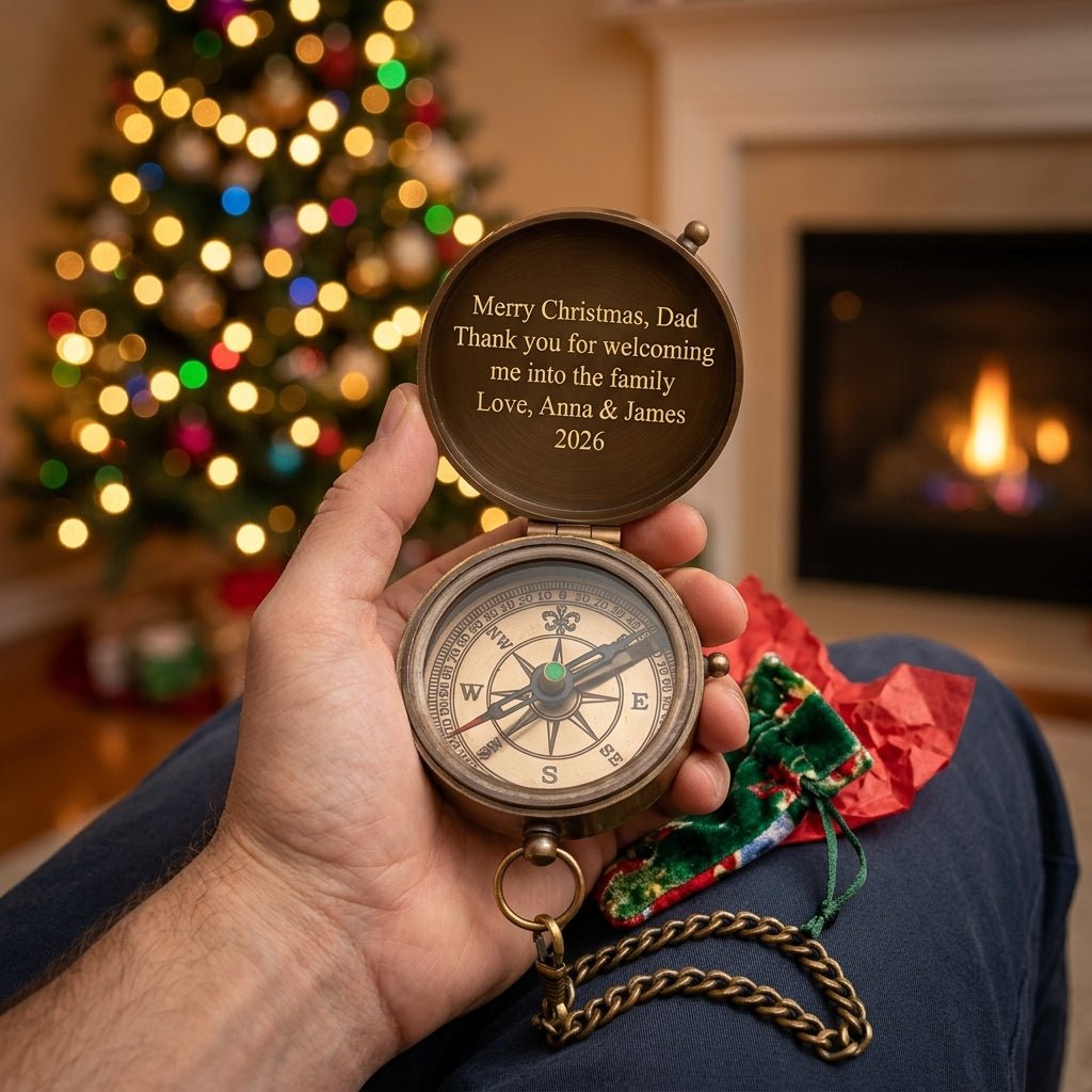 christmas gift for father-in-law: engraved brass pocket compass with a message from both of you inside the lid
