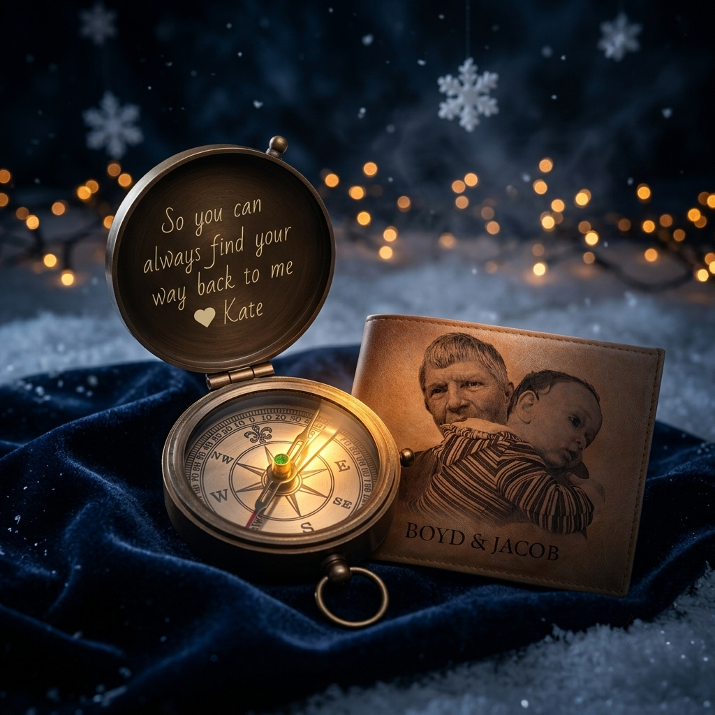 christmas gifts for husband personalized engraved leather wallet with couple portrait and brass compass