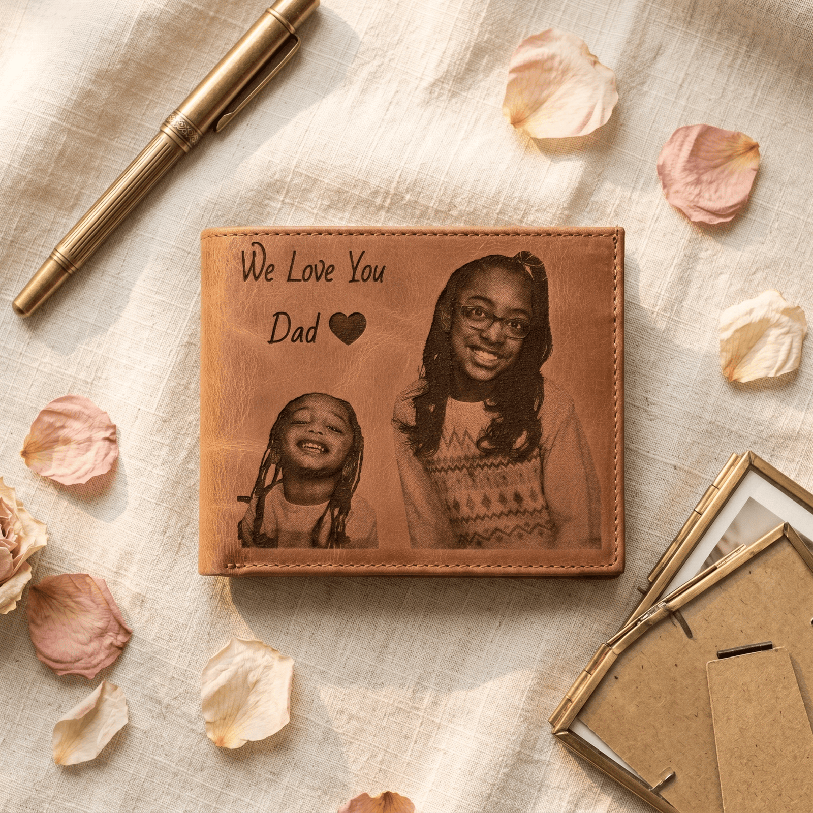 custom photo wallet for men laser engraved leather bifold with portrait photo and personal message