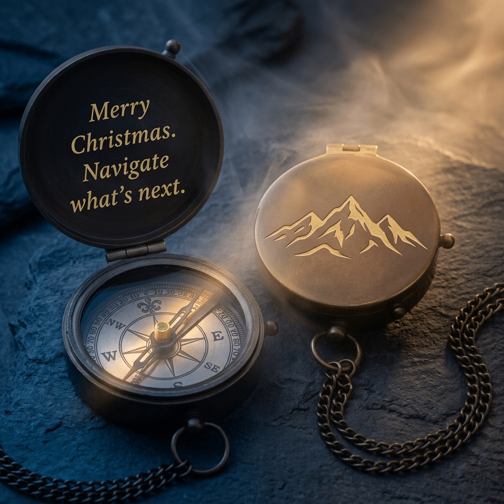 engraved compass christmas gift personalized brass with mountain design and personal message inside lid