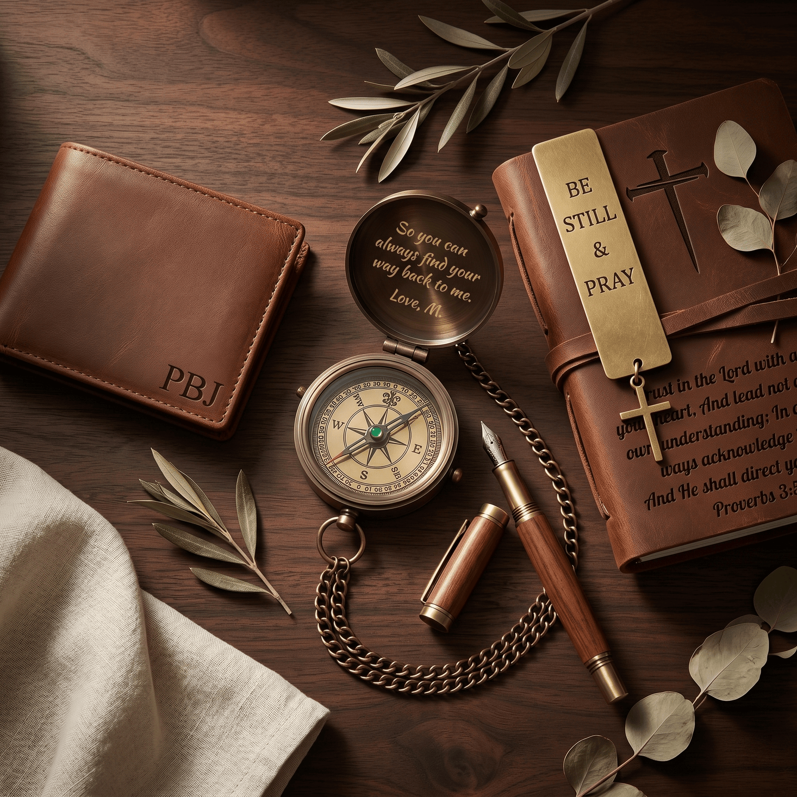 engraved gifts for men personalized brass compass leather wallet leather journal and bible bookmark