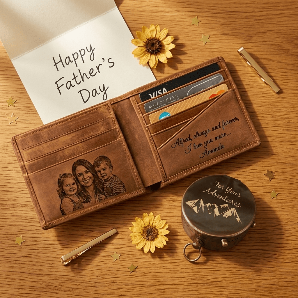 fathers day gifts he will actually use personalized photo wallet and engraved brass compass from kids
