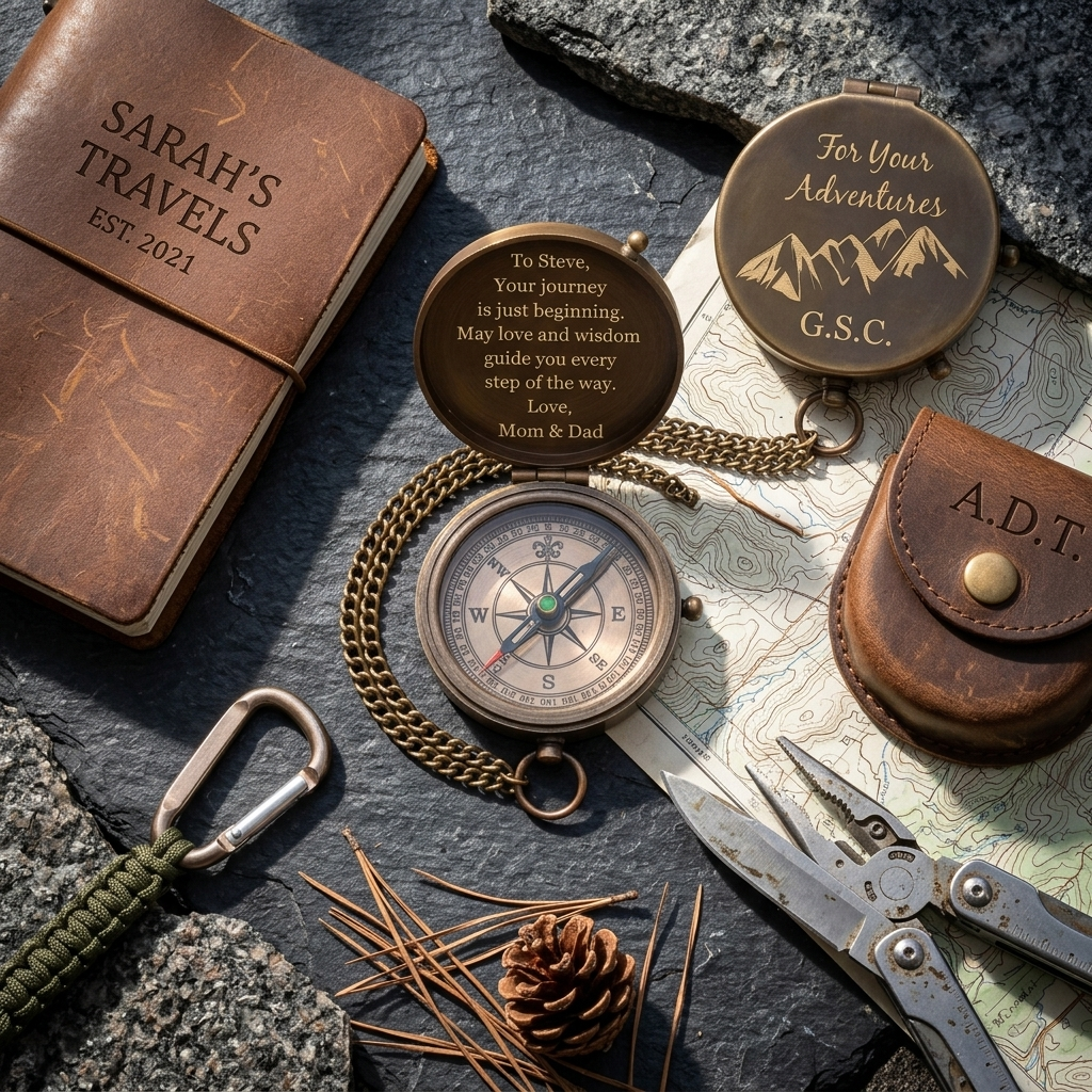gifts for outdoorsman personalized engraved brass compass and leather journal adventure gear flat lay