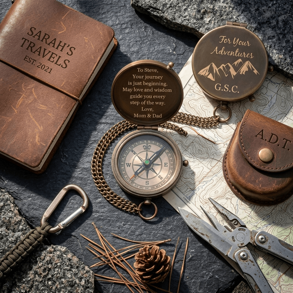gifts for outdoorsman personalized engraved brass compass and leather journal adventure gear flat lay
