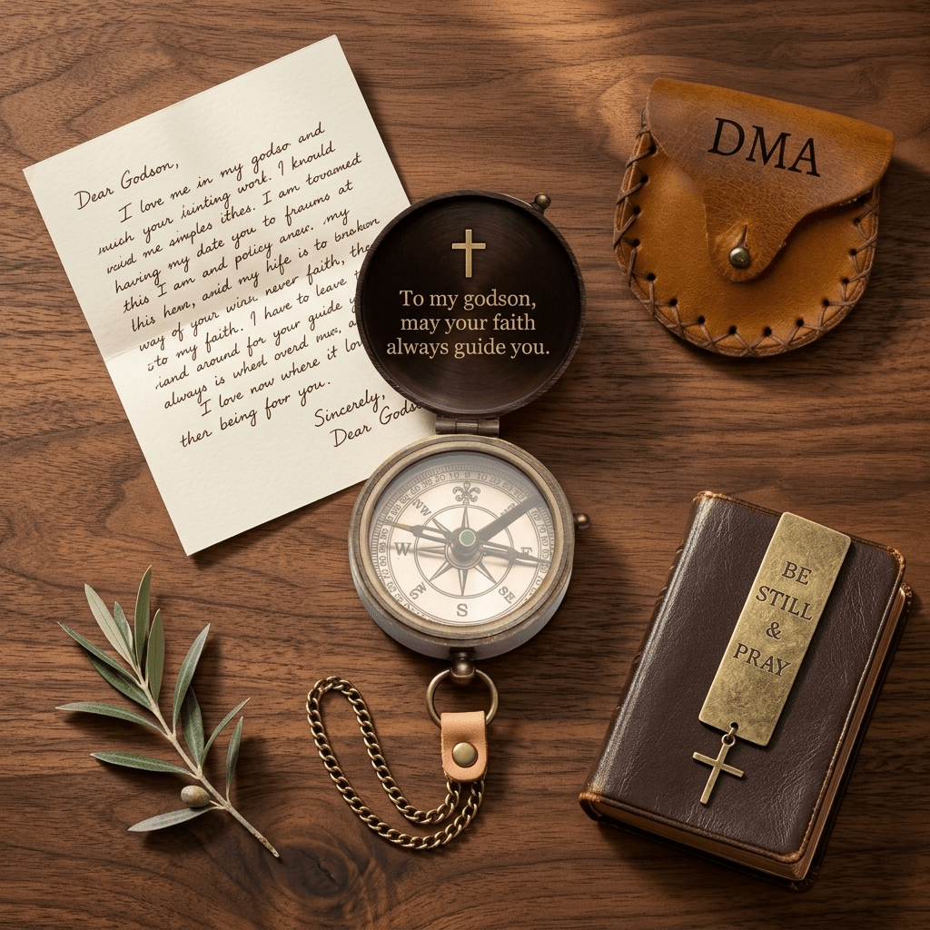 godson gift ideas from godparent personalized engraved brass compass with cross and faith message