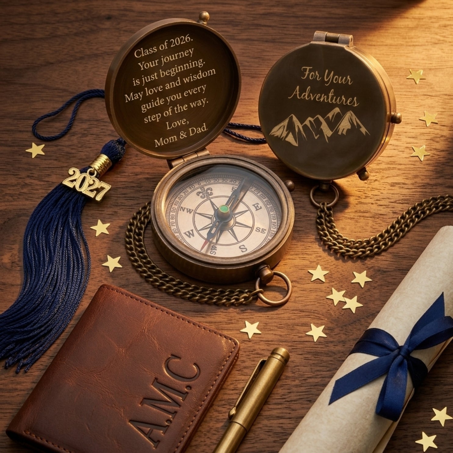 high school graduation gifts for boys 2026 trending personalized engraved compass and leather wallet