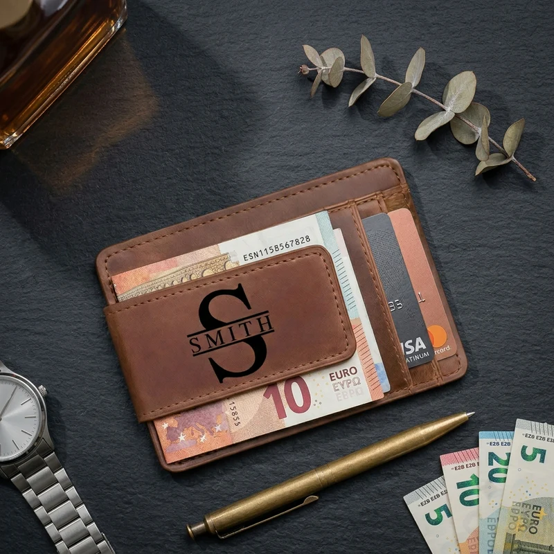 leather money clip wallet for men engraved monogram magnetic closure slim bifold personalized