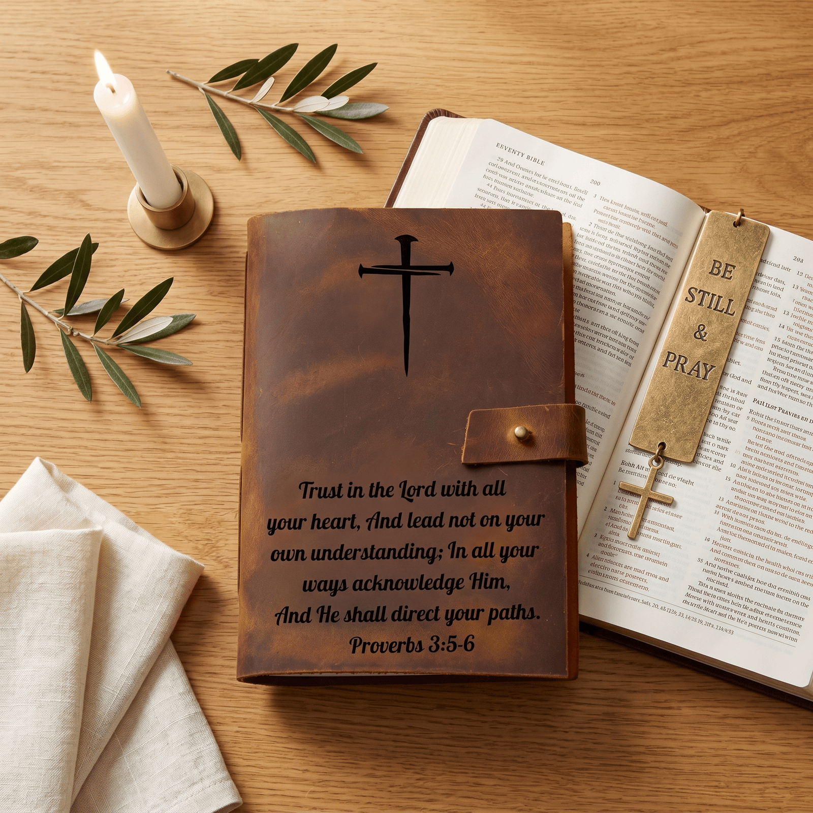 leather prayer journal gift for faith journey scripture engraved cross design beside brass bible bookmark