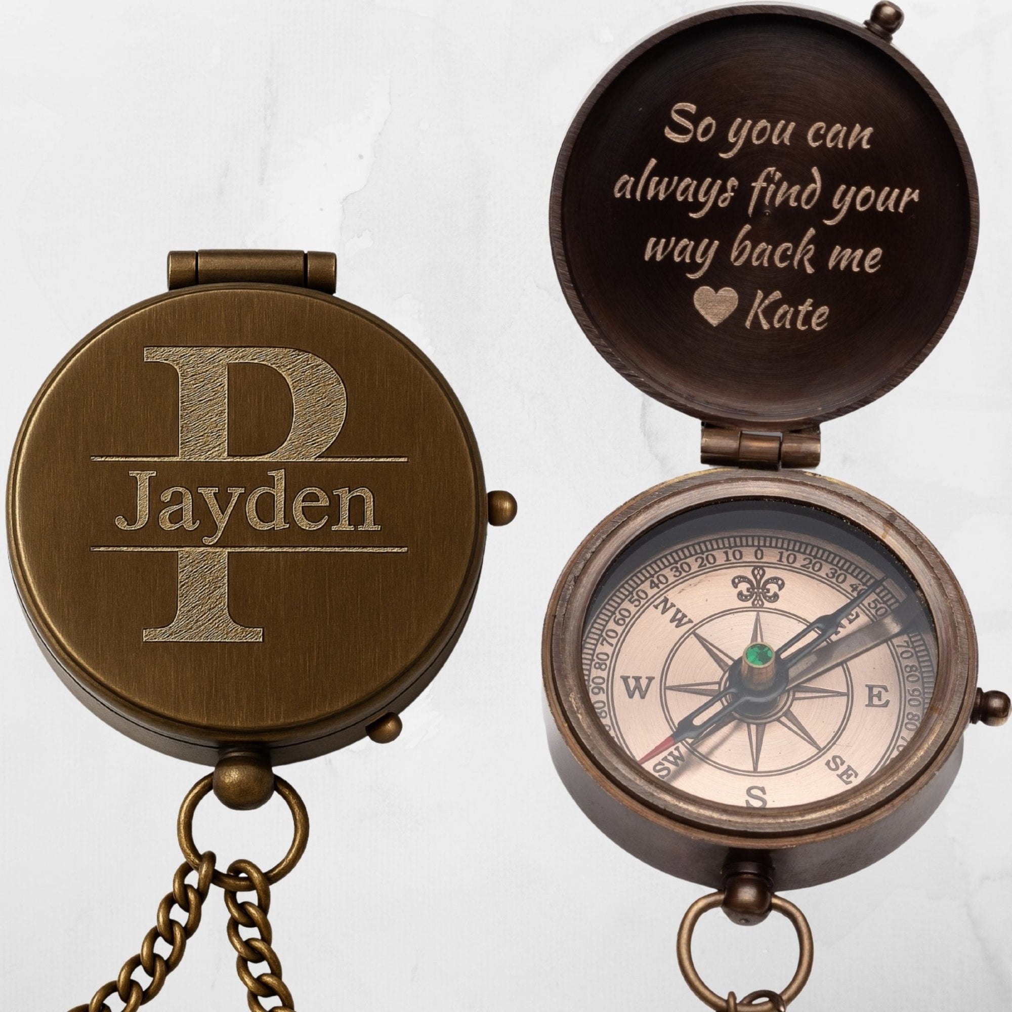 Engraved brass compass gift with initials and message for him