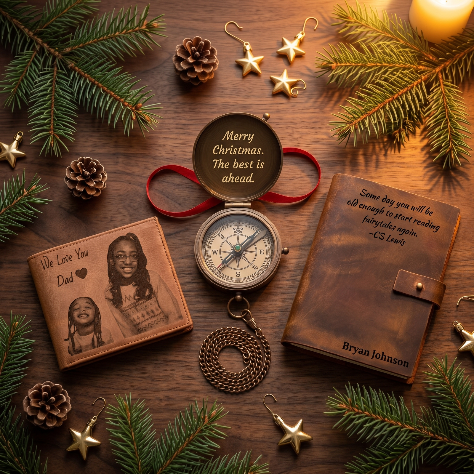 personalized christmas gifts for him engraved brass compass leather wallet and journal
