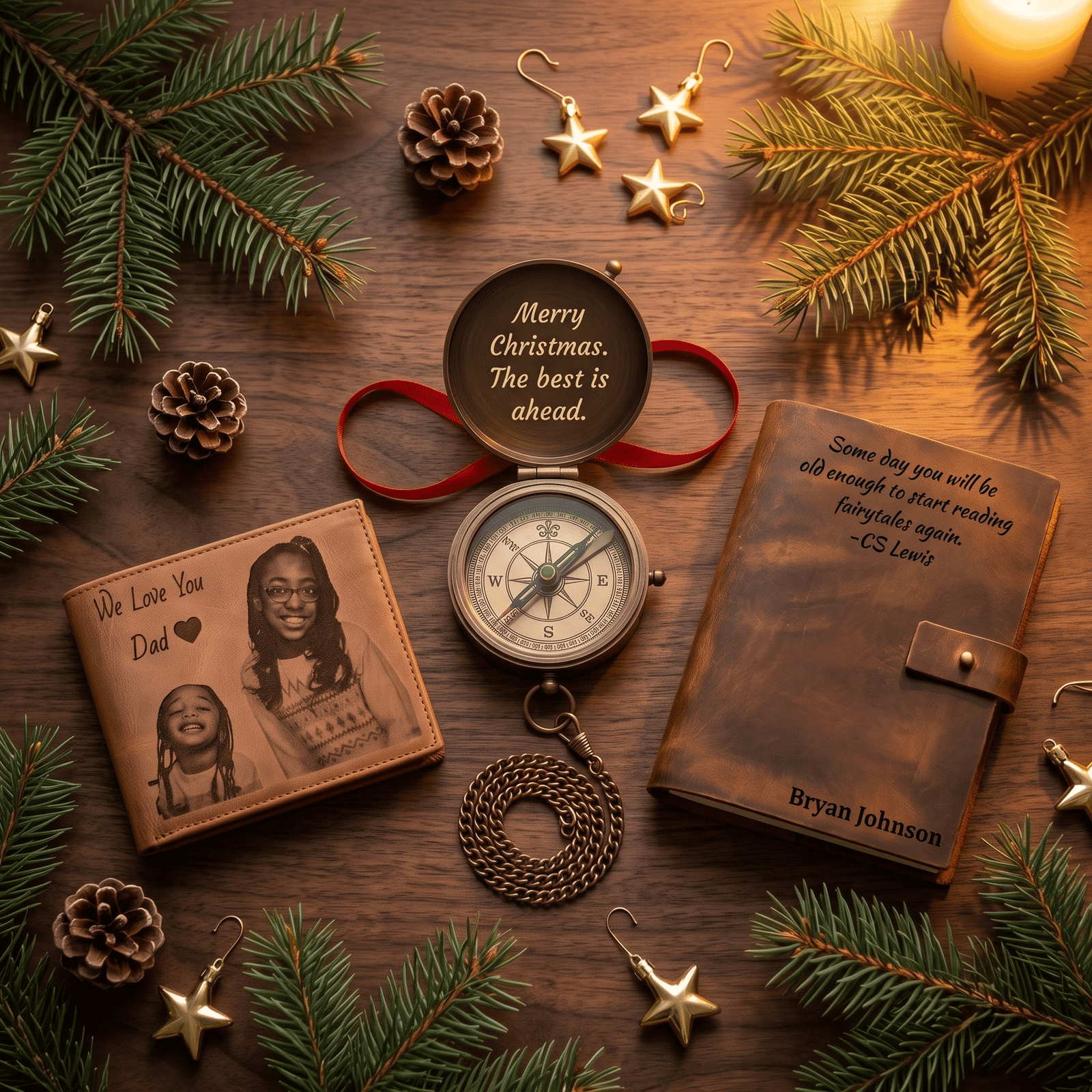 personalized christmas gifts for him engraved brass compass leather wallet and journal
