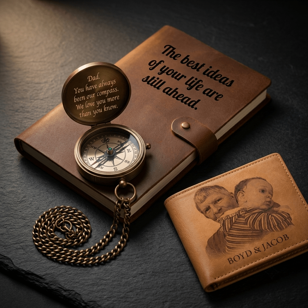 personalized gifts for father engraved brass compass with message and custom photo wallet from family