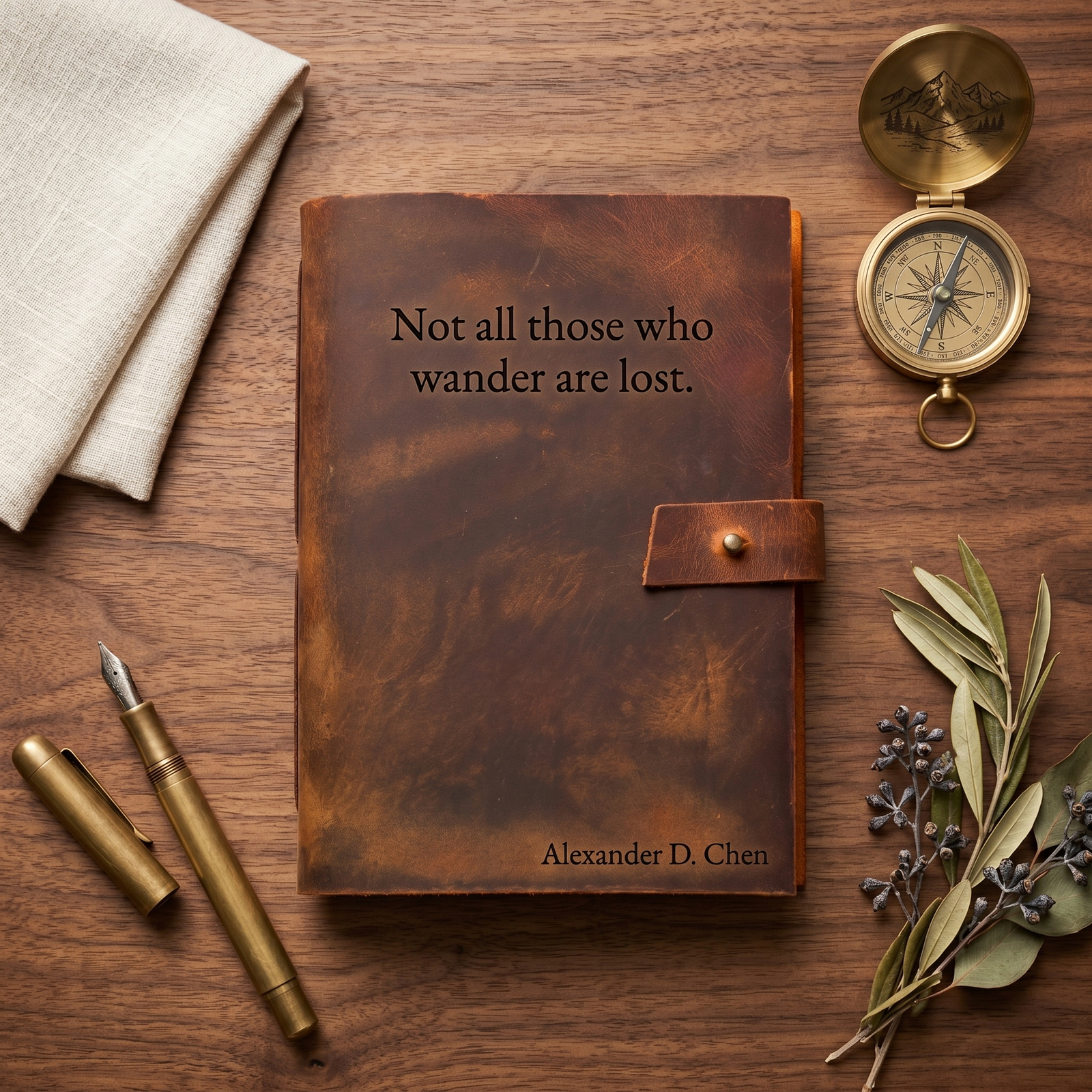 personalized leather journal for men engraved with name and quote beside brass compass and fountain pen