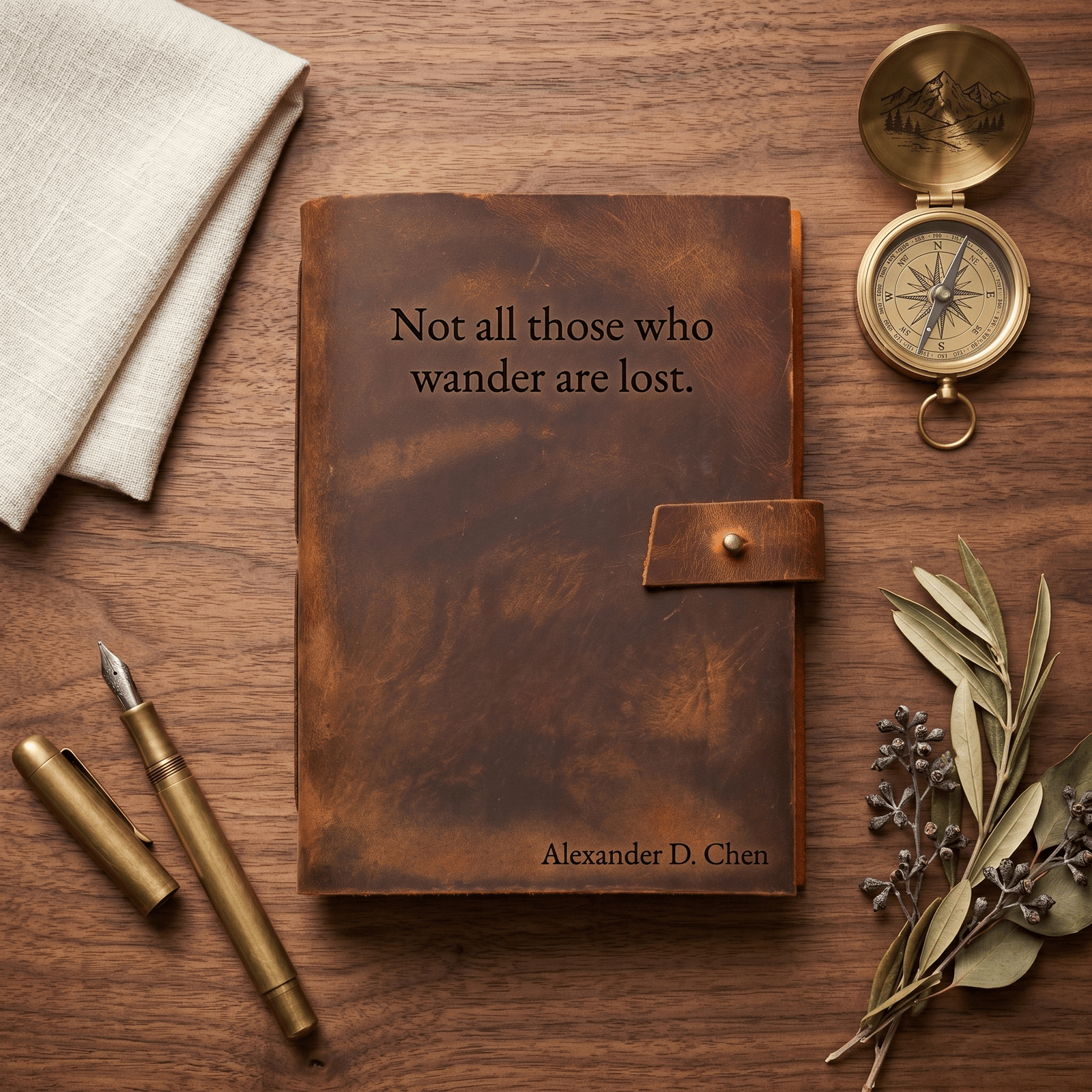 personalized leather journal for men engraved with name and quote beside brass compass and fountain pen