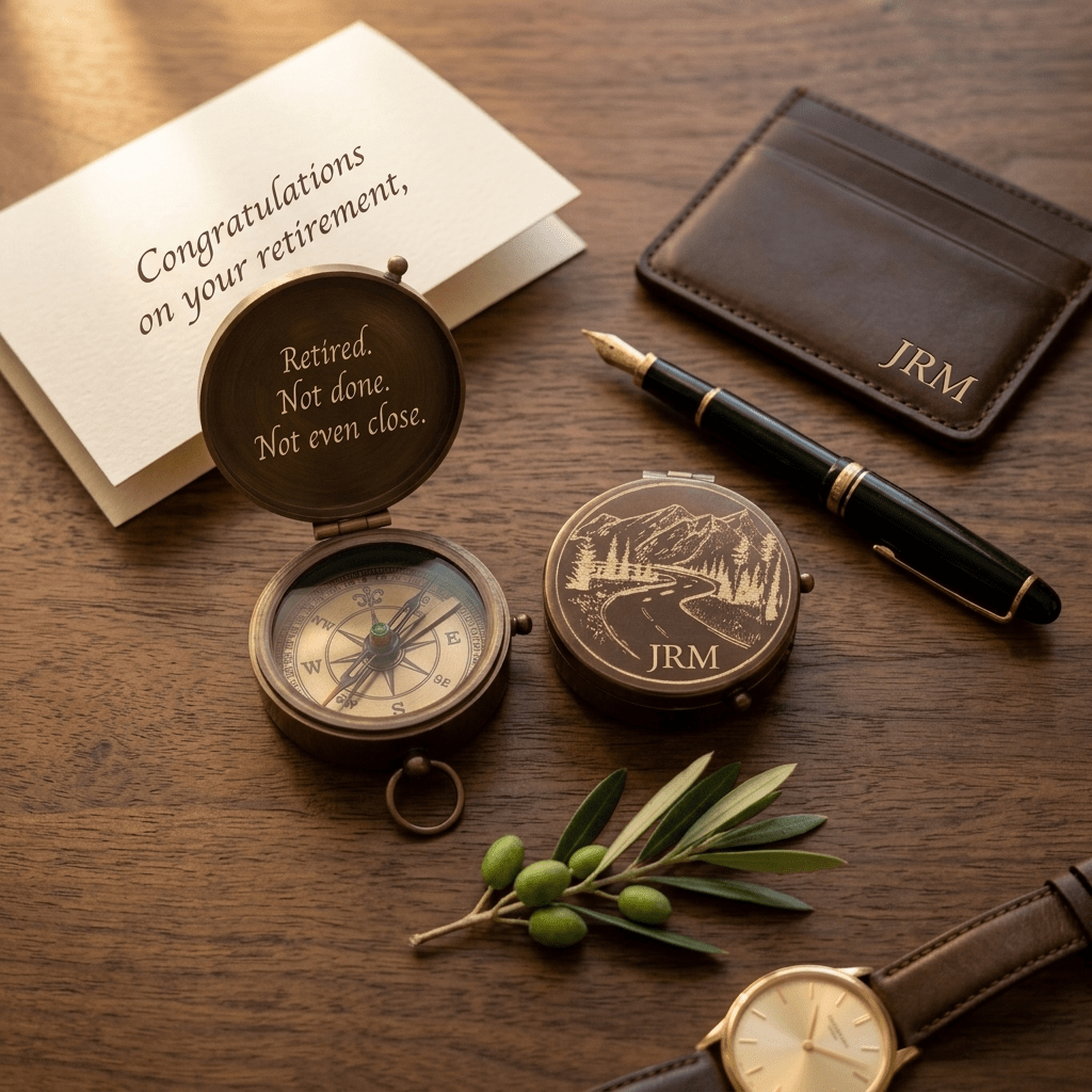 retirement gift ideas for him personalized engraved brass compass with message and leather wallet