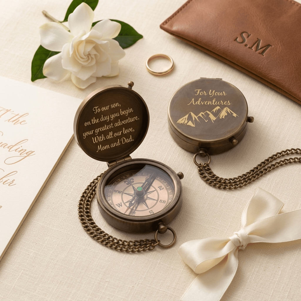 wedding gifts for son from mom personalized engraved brass compass with message from parents leather pouch