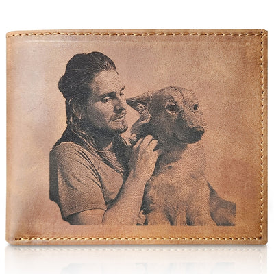 personalized genuine brown leather wallet for men with custom photo engraving