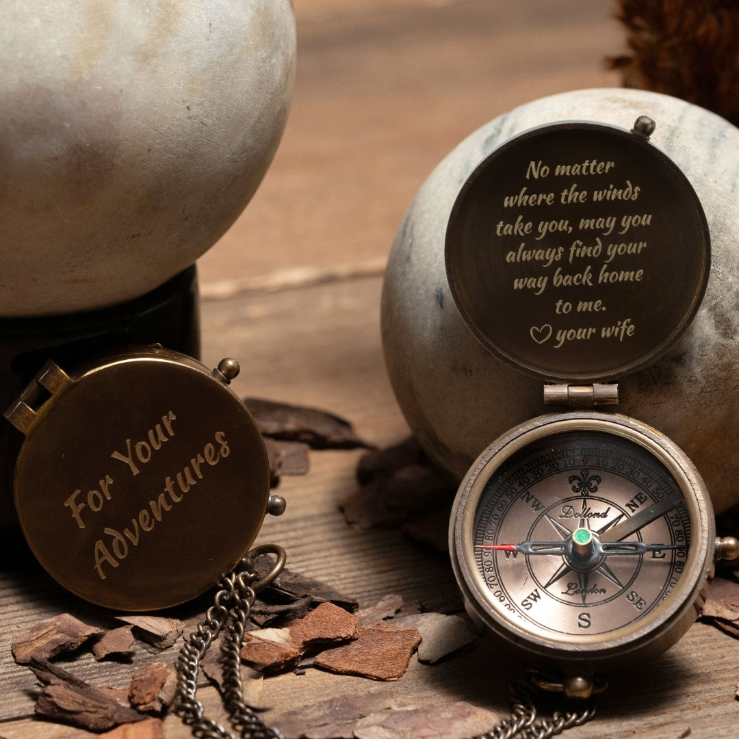 Personalized engraved brass compass with custom message, name, or photo – SFDizayn