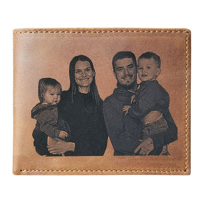 personalized genuine brown leather wallet for men with custom photo engraving