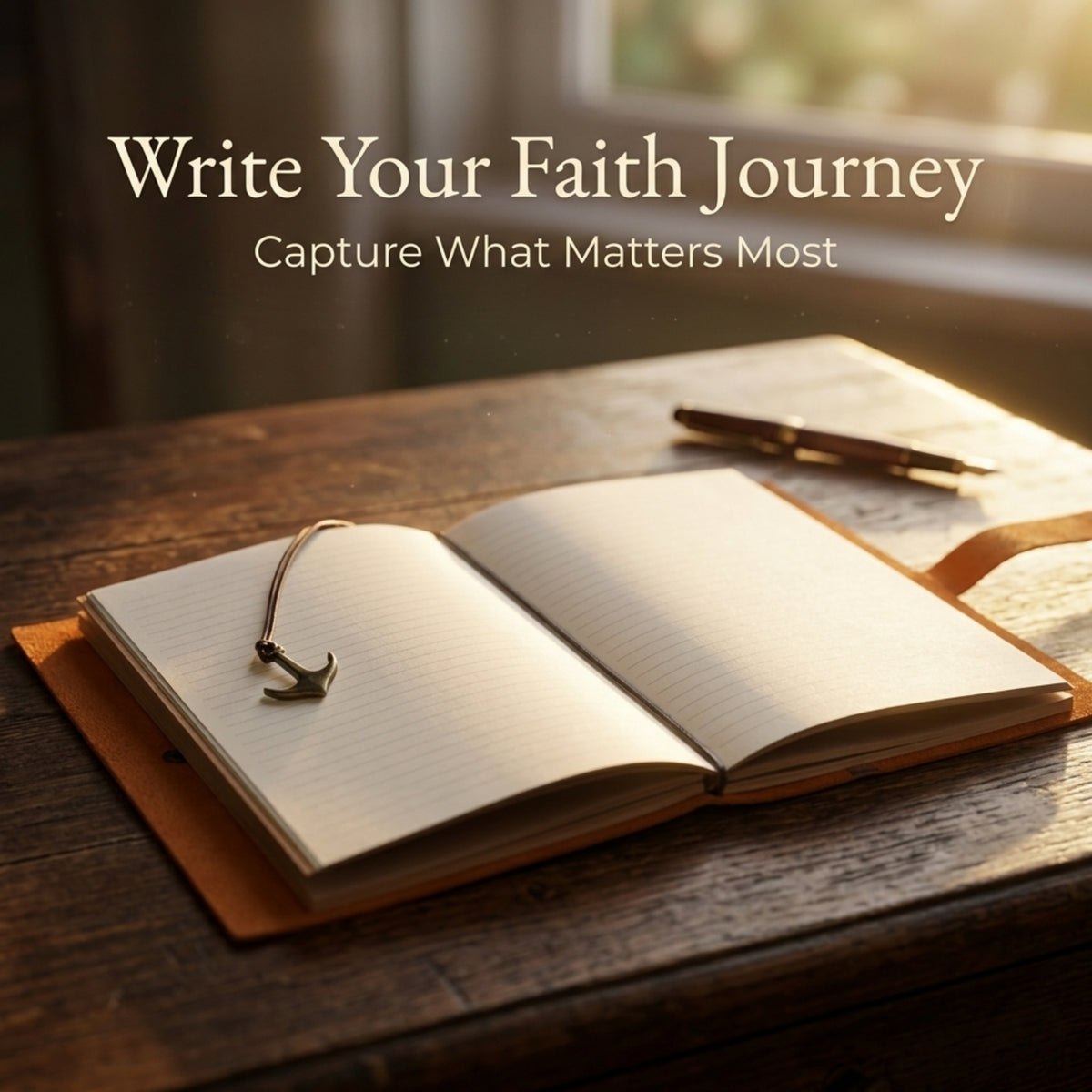 Open notebook on a wooden table with a pen, surrounded by warm sunlight.