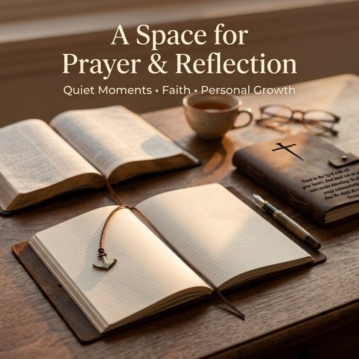 Open books, a cup of tea, glasses, and a pen on a wooden surface with text 'A Space for Prayer &amp; Reflection'.