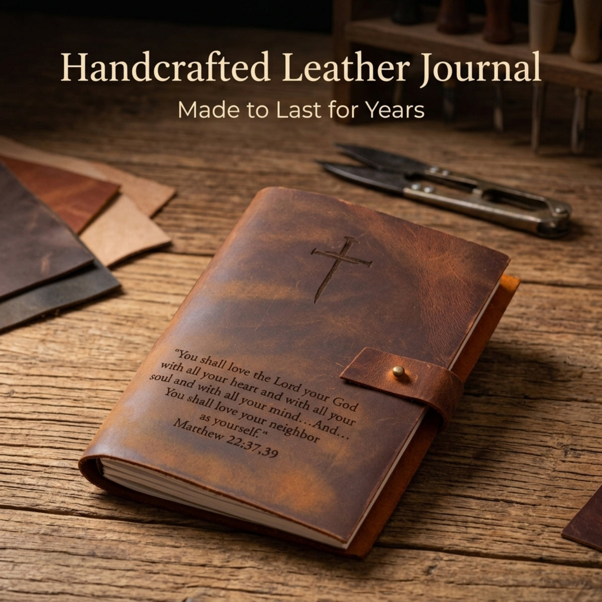 Handcrafted leather journal with engraved text on a wooden surface
