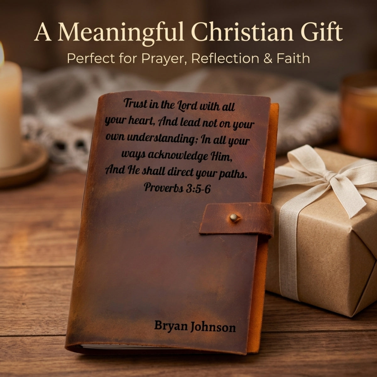 Brown leather journal with engraved text on a wooden surface with a gift box and candle.