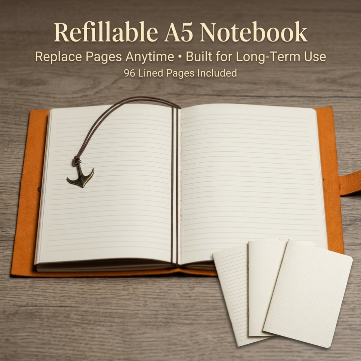 Refillable A5 notebook with leather cover and additional pages on a wooden surface