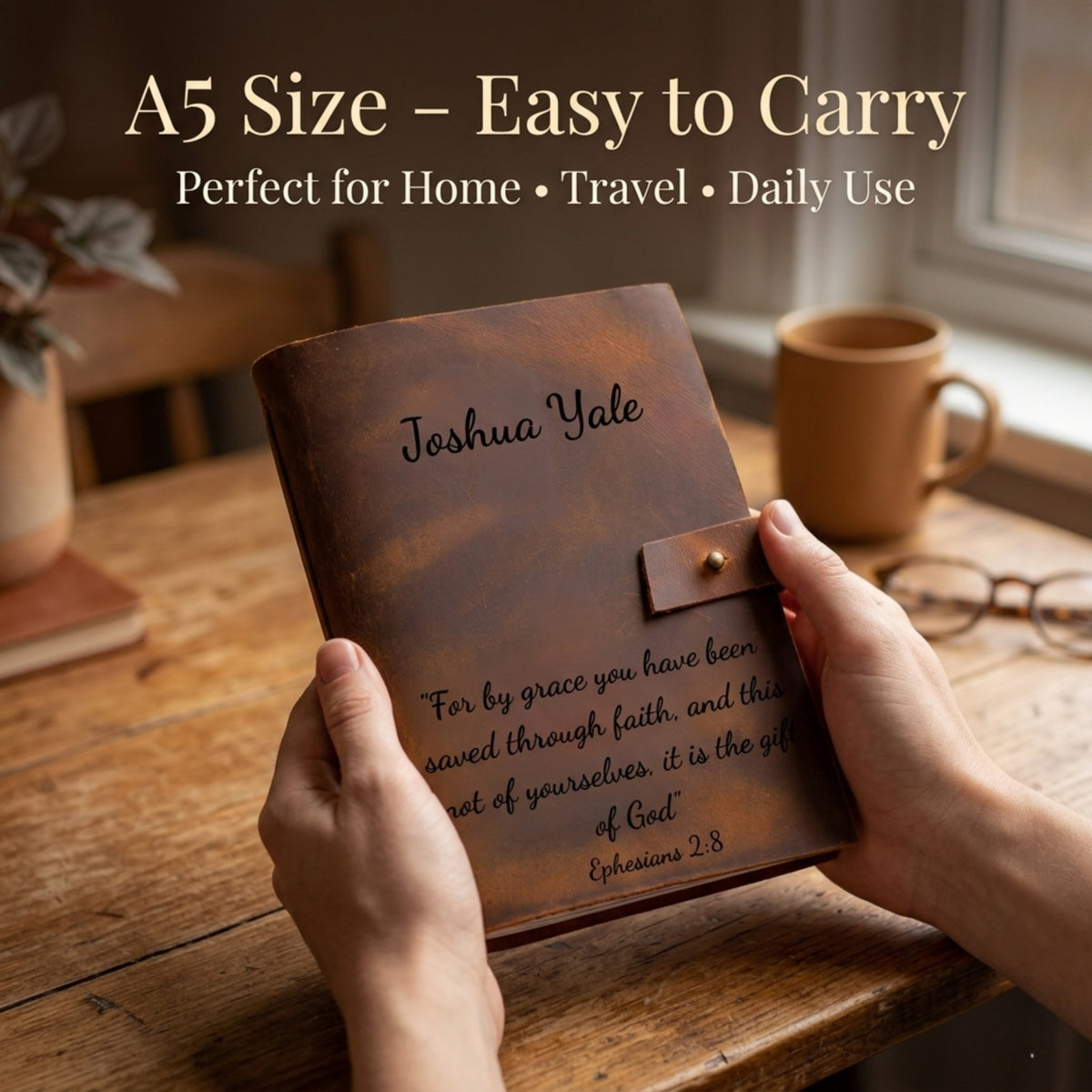 Brown leather notebook with 'Joshua Yale' branding held by hands on a wooden table.