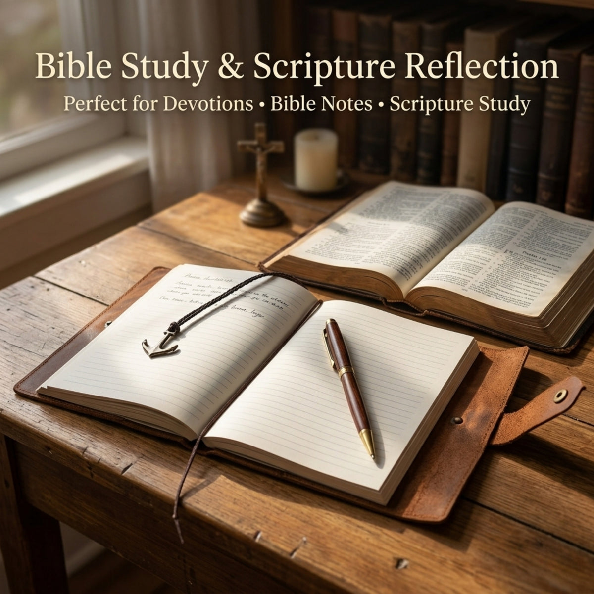 Open Bible and notebook on a wooden table with a candle and cross in the background, text overlay 'Bible Study &amp; Scripture Reflection'.
