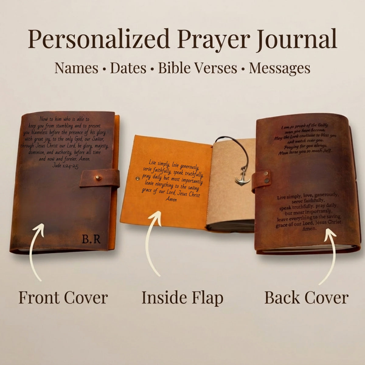 Personalized prayer journal with front, inside flap, and back cover views on a beige background.