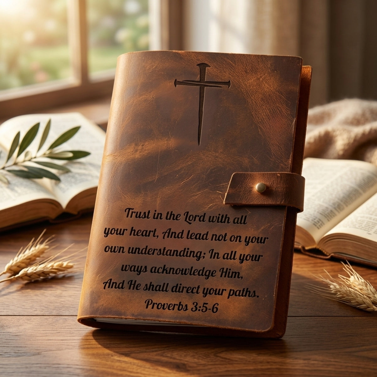 Brown leather journal with cross and Proverbs 3:5-6 text on a wooden surface with books and plants.
