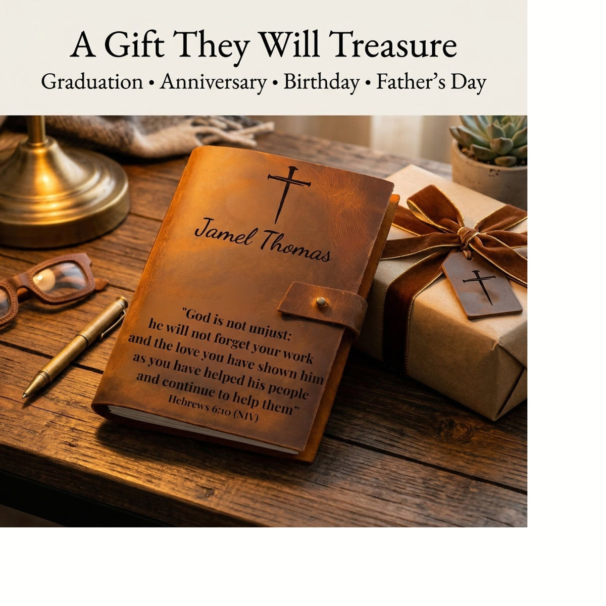 Personalized leather journal with engraved text and cross design on a wooden surface.