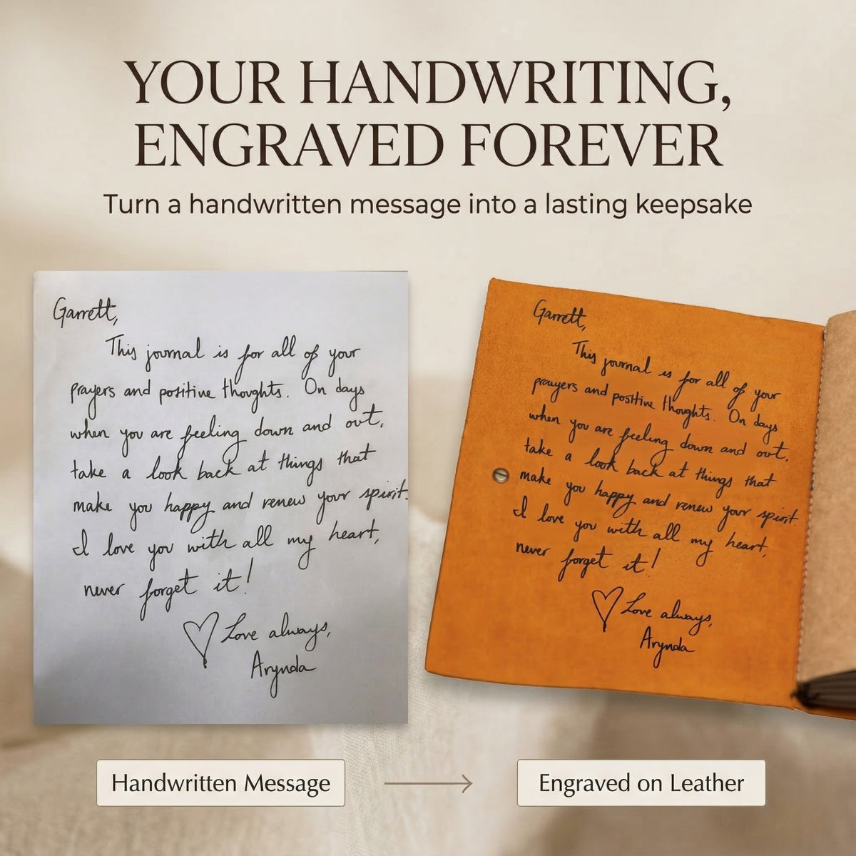 Handwritten message on paper and engraved version on leather, with text 'Your Handwriting, Engraved Forever'.