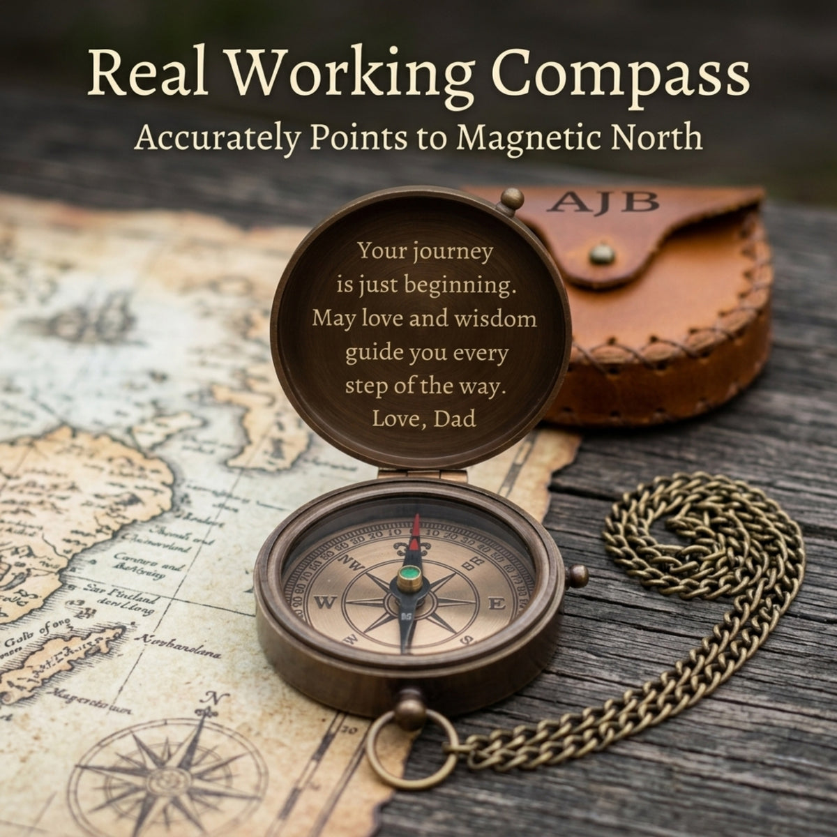 Vintage compass with a message on an old map, accompanied by a leather case.