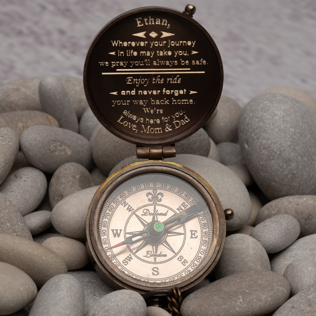 Personalized engraved brass compass with custom message, name, or photo – SFDizayn