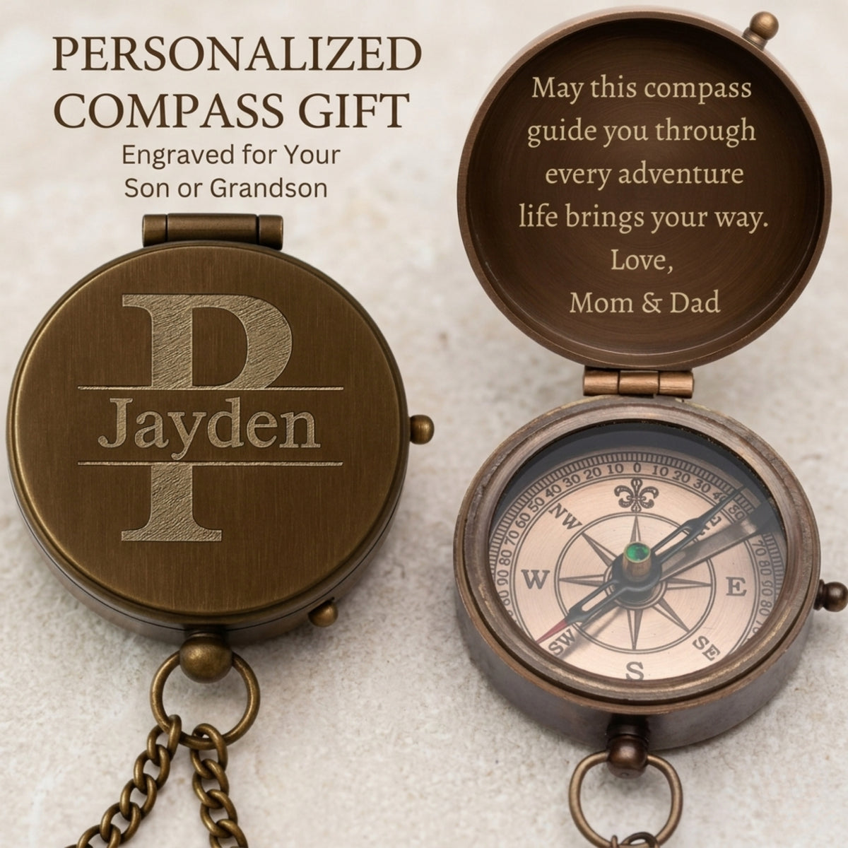 Personalized compass gift with engraved name and message on a textured background