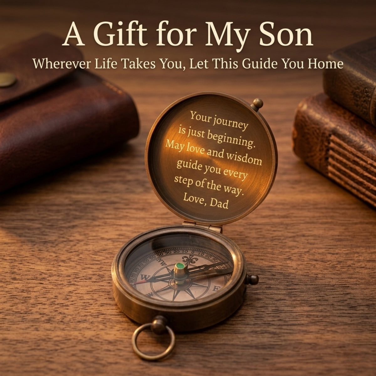 Bronze compass with engraved message on a wooden surface, accompanied by leather-bound books.