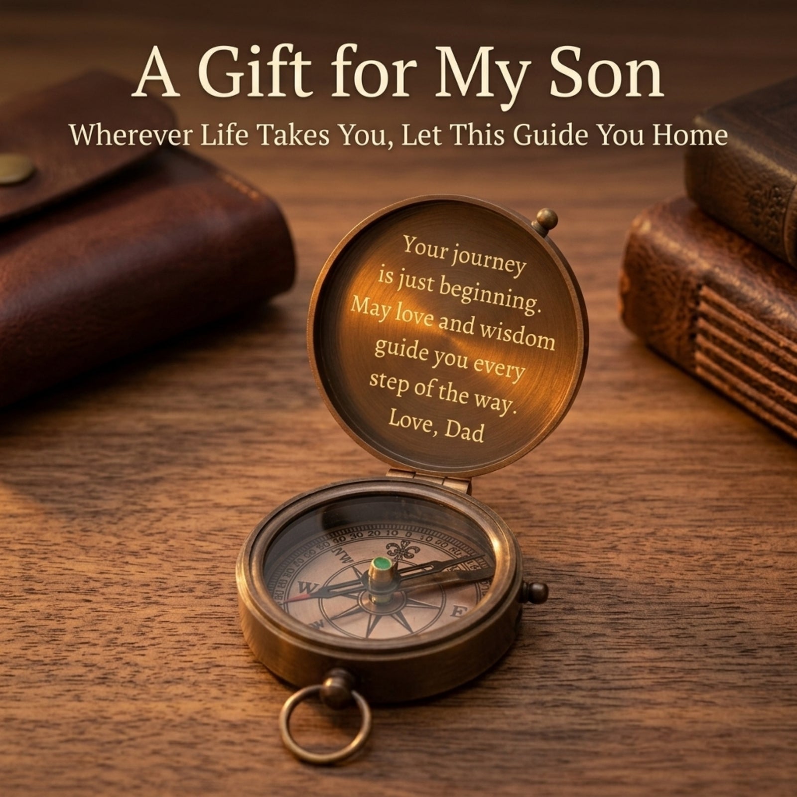 Bronze compass with engraved message on a wooden surface, accompanied by leather-bound books.